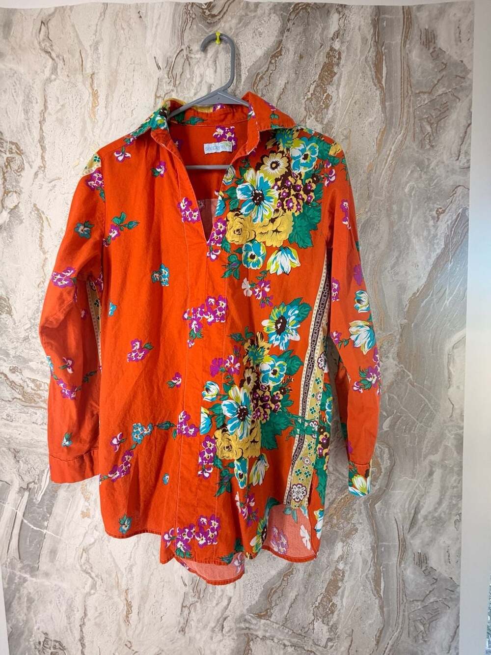 seaplane Orange Floral Print 100% Cotton Long Sleeve Button-Down Shirt Size L
